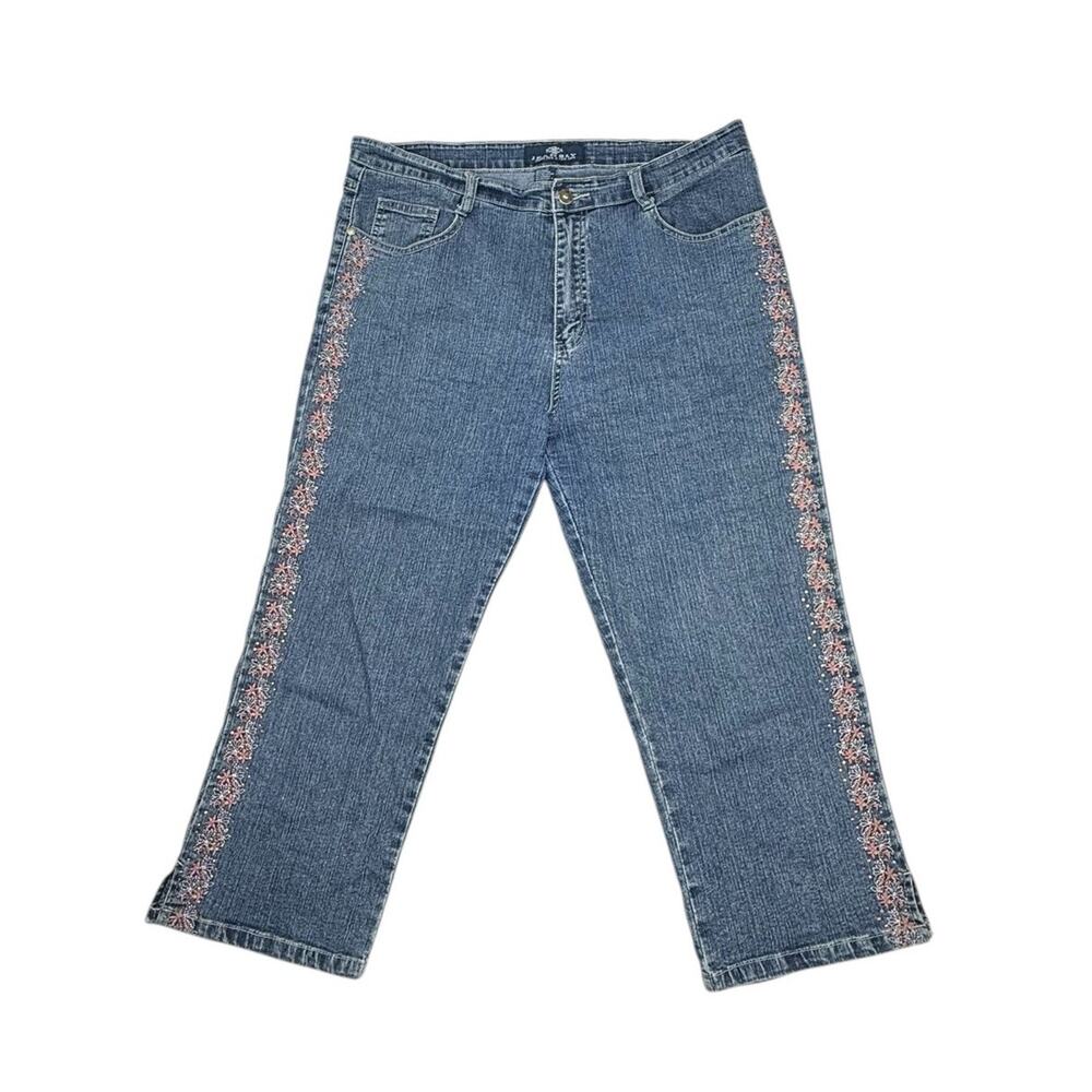 Jeanbay Womens Denim Blue Stretch Embellished Pink Flowers Gem Capris Sz 14 EUC